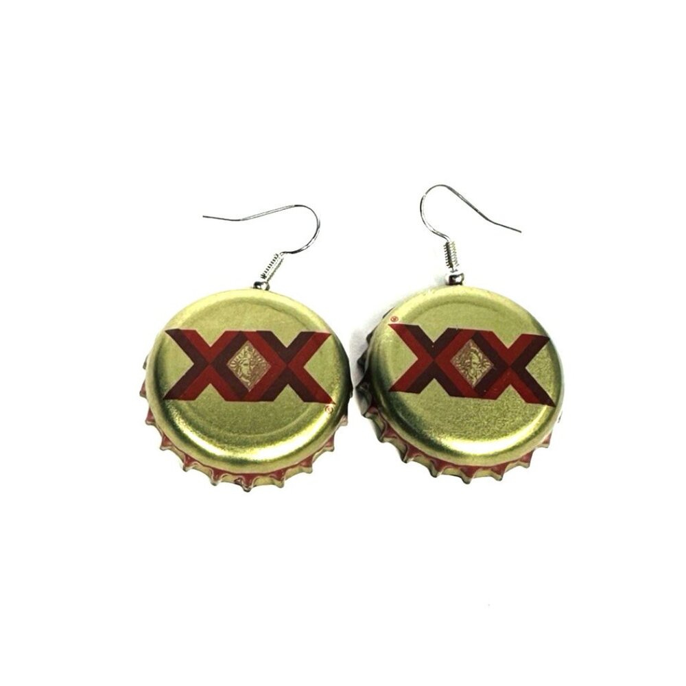 Dos Equis Beer Bottle Cap Earrings Drop Dangle Fishhook Artisan FUN! Gift! NEW!